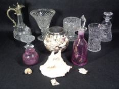 CUT & OTHER GLASSWARE to include a Ruby decanter and one other, cut glass claret jug with metal