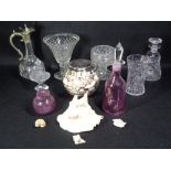 CUT & OTHER GLASSWARE to include a Ruby decanter and one other, cut glass claret jug with metal