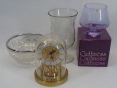 ANTIQUE CELERY VASE, LATER ENGRAVED, boxed Caithness and other glassware and a brass Anniversary