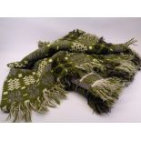 TRADITIONAL WELSH WOOL BLANKET - in green, grey and cream reversible pattern tones with original