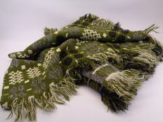 TRADITIONAL WELSH WOOL BLANKET - in green, grey and cream reversible pattern tones with original