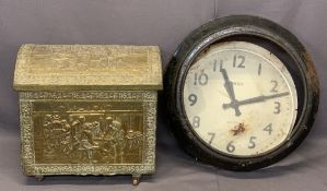 DOME TOP REPOUSSE BRASS COAL BOX and the remnants of a Smiths electric station wall clock, 47cms