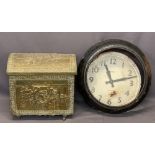 DOME TOP REPOUSSE BRASS COAL BOX and the remnants of a Smiths electric station wall clock, 47cms