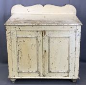 FARMHOUSE PINE RAILBACK CUPBOARD - painted white, two doors and an inner shelf, 102cms H, 102cms