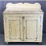 FARMHOUSE PINE RAILBACK CUPBOARD - painted white, two doors and an inner shelf, 102cms H, 102cms