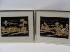 BAMBOO PICTURES, A PAIR - depicting workers in Paddy Fields, 24 x 33.5cms