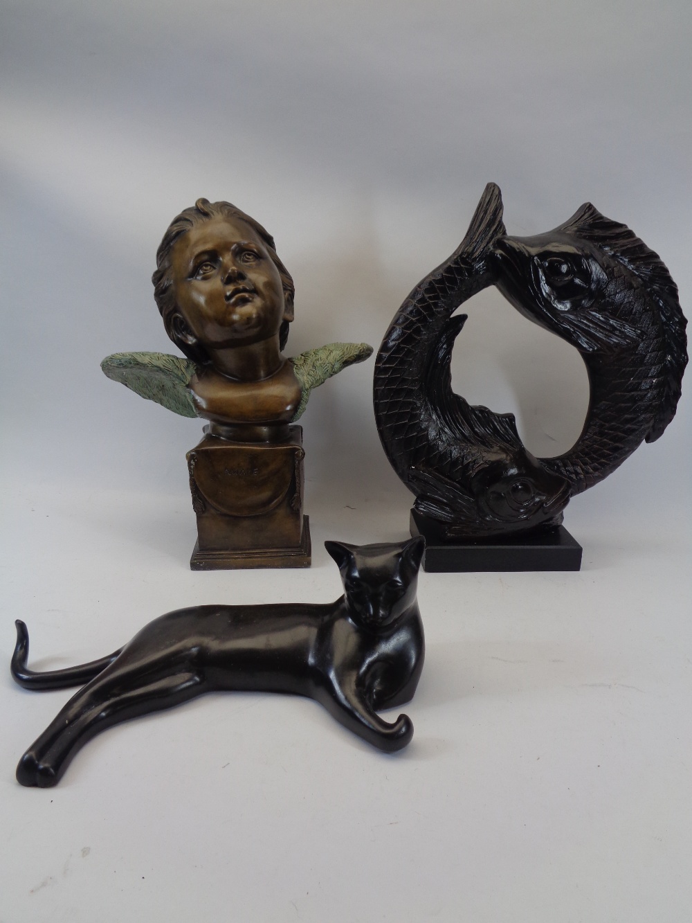 BRONZE & COMPOSITE ORNAMENTAL FIGURINES & BUSTS - to include a reproduction bronze reclining cat,