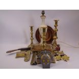 MIXED BRASS & OTHER HARDWARE COLLECTABLES - three round base brass candlesticks, Alabaster table