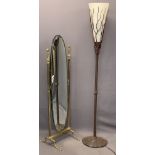 BRASS FRAME CHEVAL MIRROR & AN ULTRA MODERN UPLIGHTER STANDARD LAMP, 137.5cms H, 41cms W and