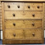 VICTORIAN SATINWOOD CHEST - two short over three long drawers having turned wooden knobs, 112cms
