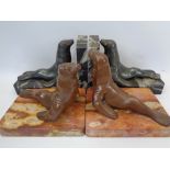 FRENCH CAST BRONZE & MARBLE BOOKENDS, TWO PAIRS - depicted as Sea Lions on black and pink marble