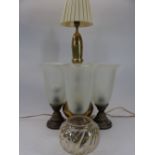 PERSIAN STYLE BRASS TABLE LAMP and three modern etched glass shade uplighter lamps, 70 and 36cm