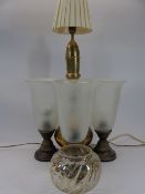 PERSIAN STYLE BRASS TABLE LAMP and three modern etched glass shade uplighter lamps, 70 and 36cm