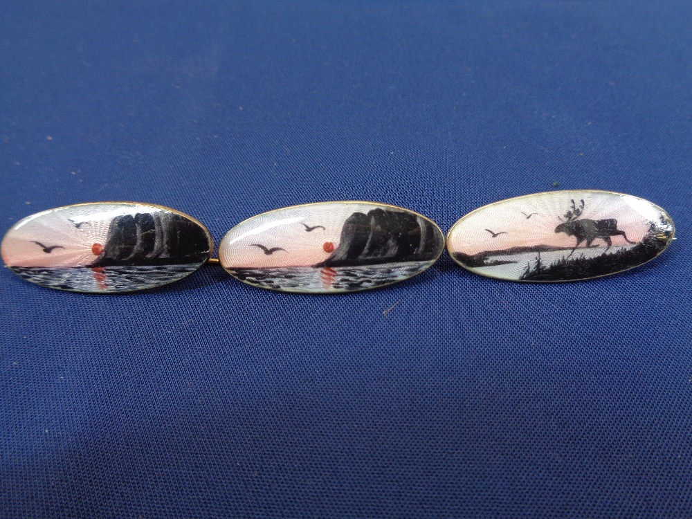 ASKEL HOLMSEN NORWEGIAN STERLING SILVER & ENAMEL BROOCHES (3) - two depicting a sunset with birds