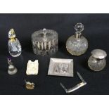 INDIAN WHITE METAL TRAY, silver top bottles, other white metalware and a carved ivory calling card