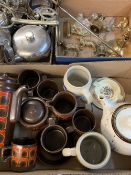 VINTAGE BRASSWARE, EPNS & OTHER METAL WARE along with a mid-century coffee set and other pottery