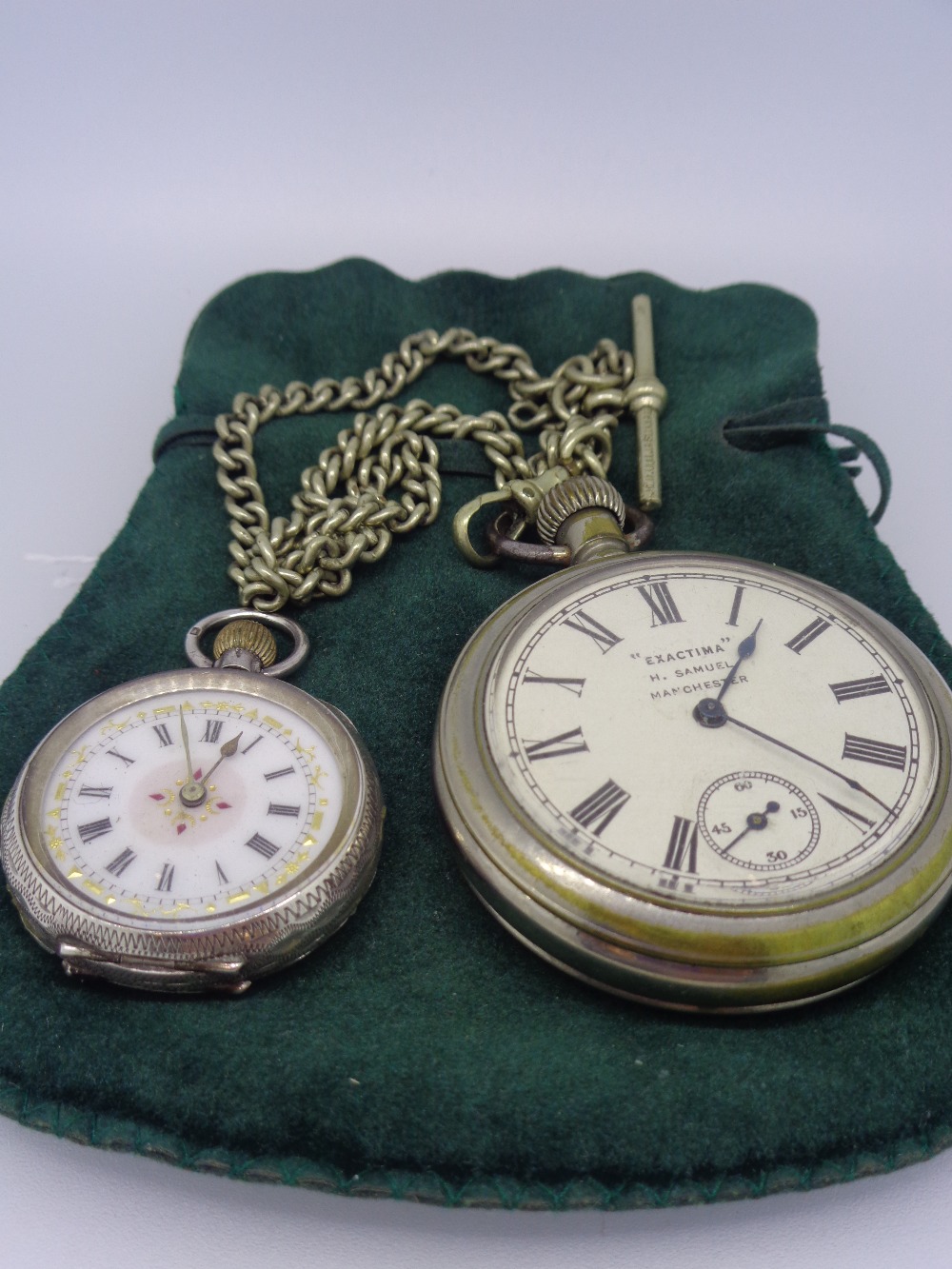 LADY'S VINTAGE SILVER CASED FOB WATCH and a base metal gent's pocket watch with Albert chain, the