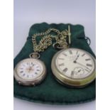 LADY'S VINTAGE SILVER CASED FOB WATCH and a base metal gent's pocket watch with Albert chain, the