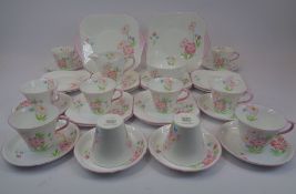 SHELLEY BONE CHINA PART TEA SERVICE - 34 pieces, hand painted floral with pink highlighting