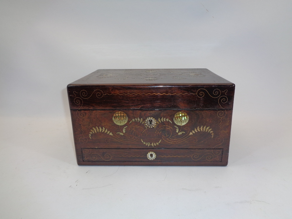 VICTORIAN INLAID ROSEWOOD TRAVEL BOX - brass, bone, mother of pearl and abalone decoration, velvet