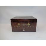 VICTORIAN INLAID ROSEWOOD TRAVEL BOX - brass, bone, mother of pearl and abalone decoration, velvet