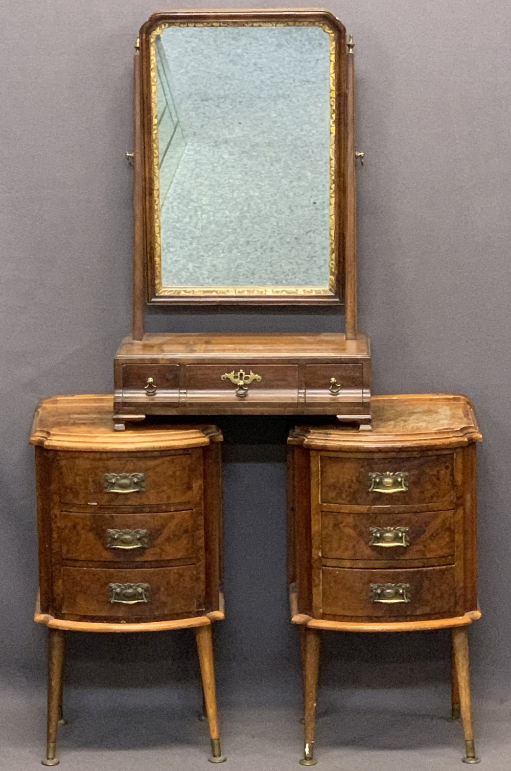 ANTIQUE STYLE WALNUT DRESSING MIRROR and two bedside chests, the mirror with swing action, brass