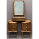 ANTIQUE STYLE WALNUT DRESSING MIRROR and two bedside chests, the mirror with swing action, brass
