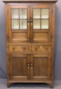 ANTIQUE OAK FARMHOUSE CUPBOARD - of good colour, peg joined construction with twin upper glazed