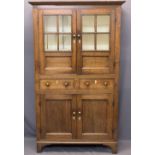 ANTIQUE OAK FARMHOUSE CUPBOARD - of good colour, peg joined construction with twin upper glazed
