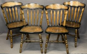 SET OF FOUR OAK EFFECT FARMHOUSE CHAIRS - spindle back with solid seats on turned supports and