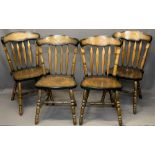 SET OF FOUR OAK EFFECT FARMHOUSE CHAIRS - spindle back with solid seats on turned supports and