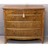 MAHOGANY BOW FRONTED CHEST - four long drawers with multi-pillar side detail on splayed corner