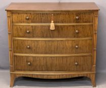 MAHOGANY BOW FRONTED CHEST - four long drawers with multi-pillar side detail on splayed corner