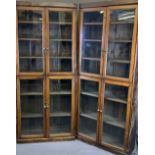 ANTIQUE BOOKCASE CUPBOARDS - two sections, both with glazed doors and interior shelves, 192cms H,
