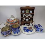 VICTORIAN TABLEWARE, biscuit barrels, later miniature dresser and contents, Flo Blue cheese dish and
