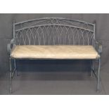 GARDEN FURNITURE - metalware folding bench with cushion, 90cms H, 106cms W, 46cms D (open)