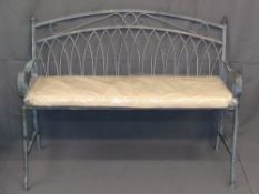 GARDEN FURNITURE - metalware folding bench with cushion, 90cms H, 106cms W, 46cms D (open)