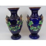 CONTINENTAL MAJOLICA STYLE VASES, A PAIR - Cobalt Blue ground with Satyr/Bacchus mask handles with
