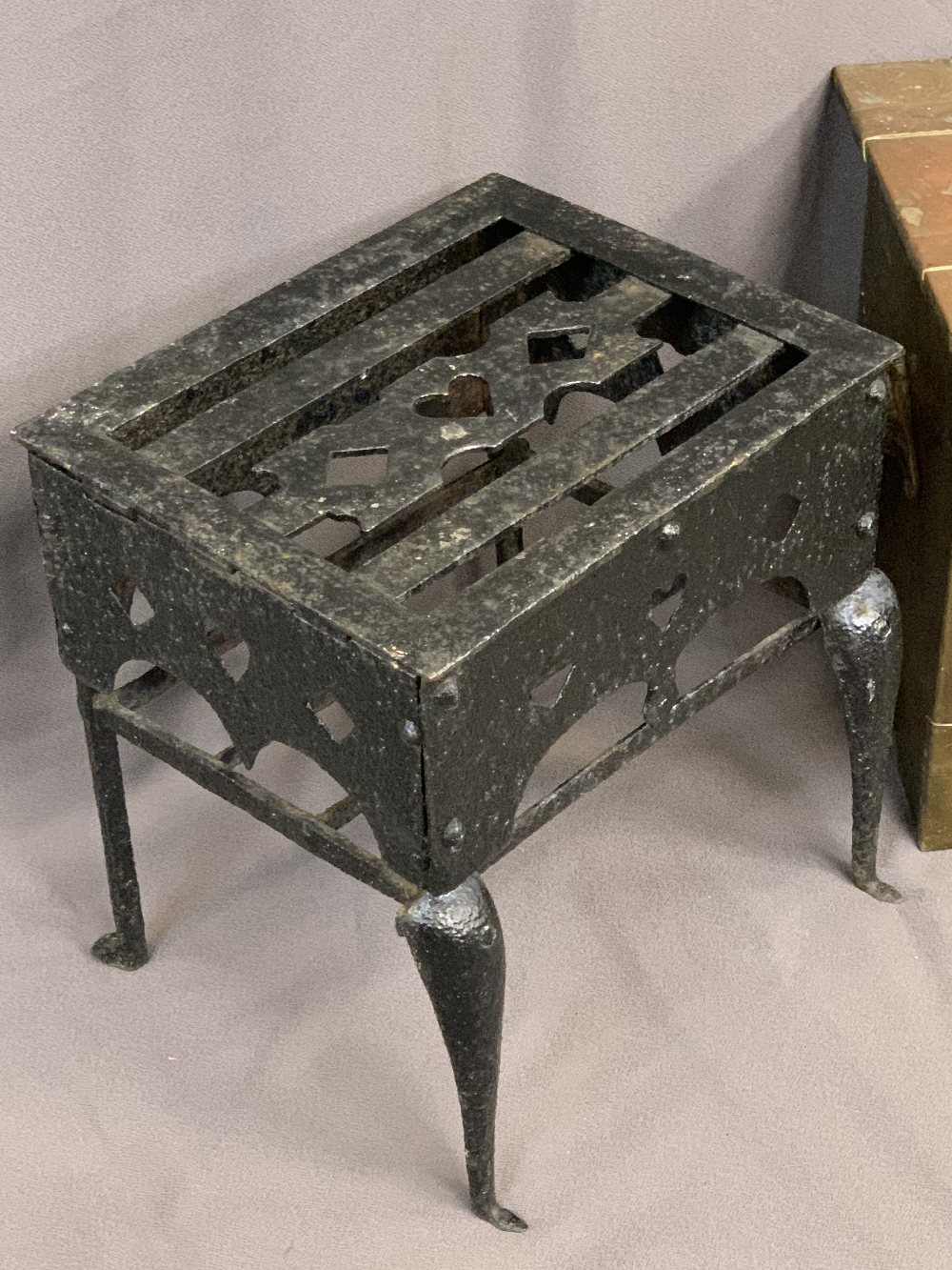 CAST IRON FOOTMAN & A BRASS TWO-HANDLED SQUARE TOPPED COAL BOX with banded detail, 38cms H, 35cms W, - Image 2 of 3