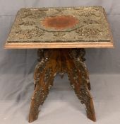 EASTERN SQUARE TOP CARVED OCCASIONAL TABLE - the base folding X frame, 68cms H, 68cms W, 68cms D