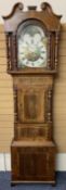 MOON FACE DIAL VICTORIAN CROSSBANDED MAHOGANY LONGCASE CLOCK - Roberts Bangor, 14in arched top