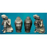 GARDEN ORNAMENTS - Black composite Buddhist type garden figurines and heads, 2 + 2, 45 and 41cm