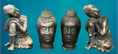 GARDEN ORNAMENTS - Black composite Buddhist type garden figurines and heads, 2 + 2, 45 and 41cm