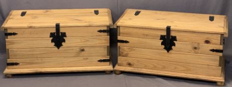 MODERN PINE IRON BANDED BLANKET CHESTS, A PAIR - 46cms H, 92cms max W, 51cms max D