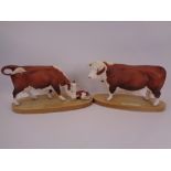 BESWICK POTTERY HEREFORD BULL, COW & CALF - on oval wooden plaques, 19cms H, 32cms L the bull