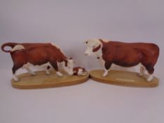 BESWICK POTTERY HEREFORD BULL, COW & CALF - on oval wooden plaques, 19cms H, 32cms L the bull