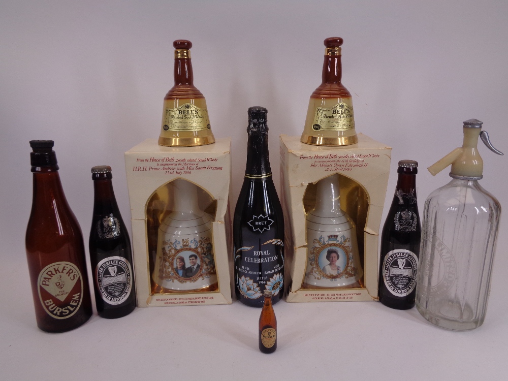 WADE BELL'S SCOTCH WHISKY COMMEMORATIVE BELLS & BEER BOTTLES ETC - the large Wade Bells and four