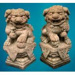 GARDEN STONEWARE - reconstituted statuary depicting Chinese Temple Lions, a pair, holding a ball