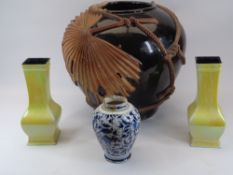 LARGE 20TH CENTURY POTTERY JARDINIERE - bronze effect glaze with applied rope and palm leaf