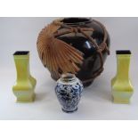 LARGE 20TH CENTURY POTTERY JARDINIERE - bronze effect glaze with applied rope and palm leaf